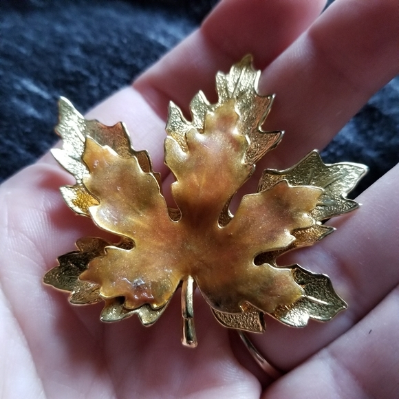 Relisted -vintage Autumn leaf brooch gold brown orange pin - Picture 4 of 8